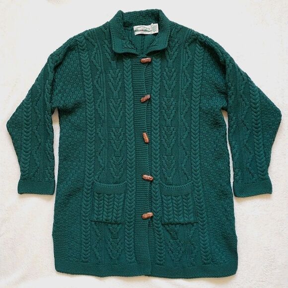 Aran Crafts Cardigan Sweater Women L Green Merino Wool Cable Knit Toggle Ireland - Picture 1 of 9